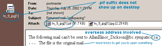 Fake returned mail, executable attachment disguised as jpeg image.